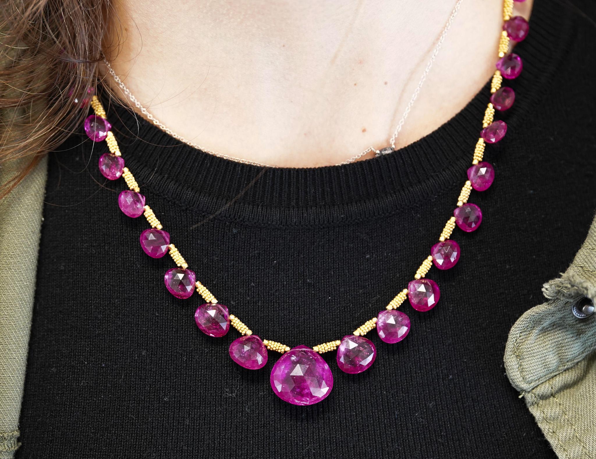 Women's GIA Certified 120 Carat Pear-Shape Pink Rubellite Tourmaline Necklace in 22K For Sale