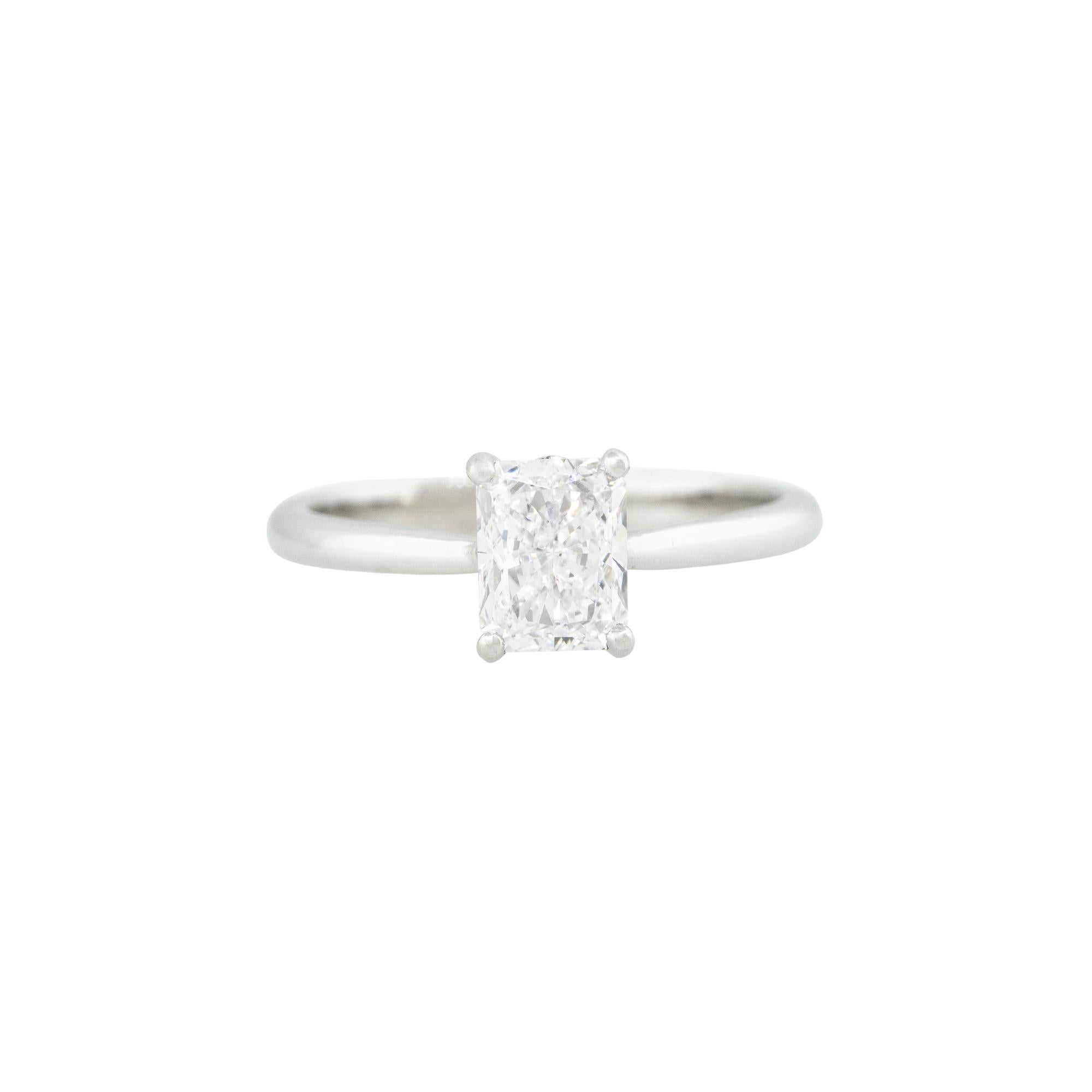 GIA Certified Platinum 1.20ctw Radiant Cut Diamond Engagement Ring
Style: Radiant Cut Diamond Engagement Ring
Material: Platinum
Main Diamond Details: The main diamond is a 1.20 carat Radiant cut stone. Main diamond is GIA certified: 6342395734.