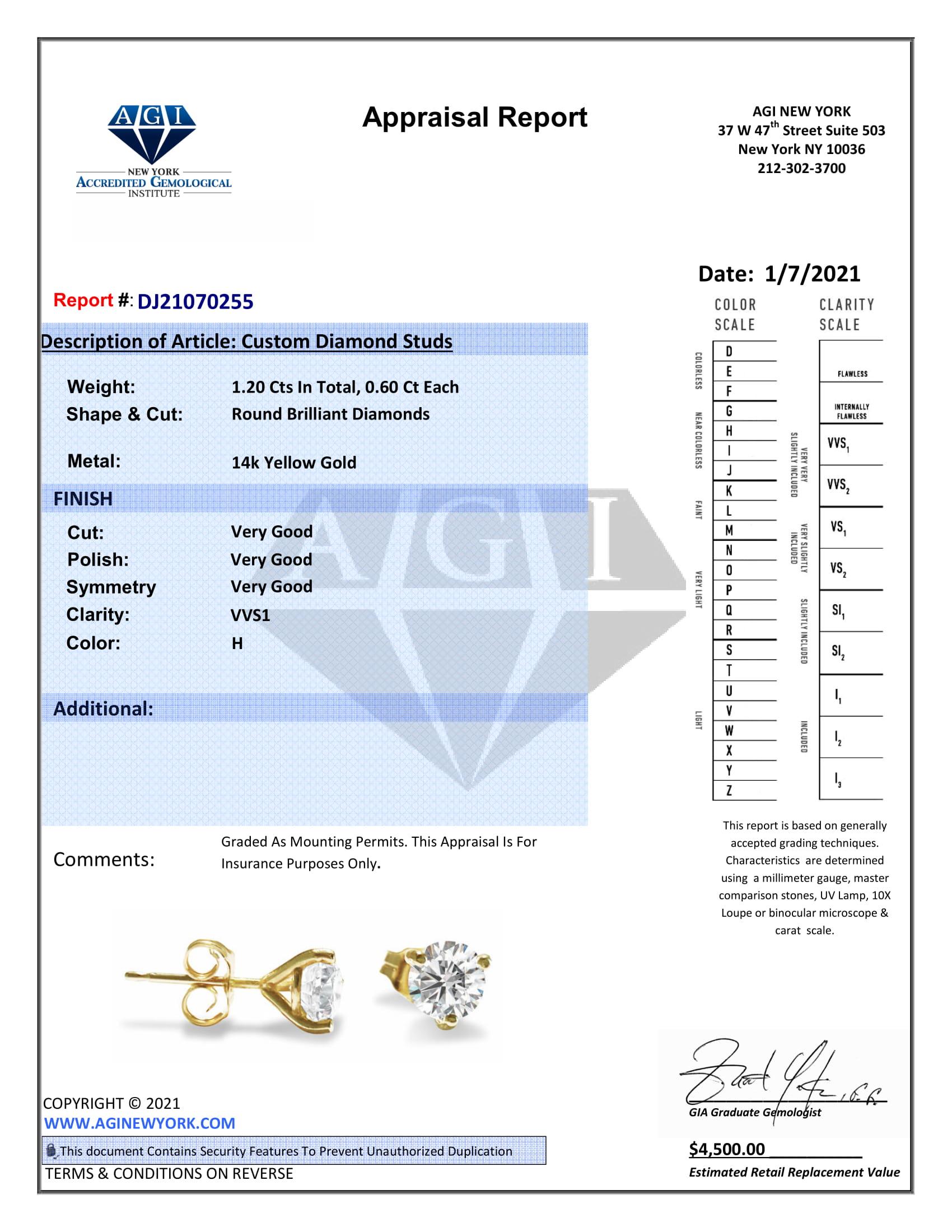 Contemporary GIA Certified 1.20 Carat VVS Diamond Stud Earrings in 14 Karat Gold For Sale