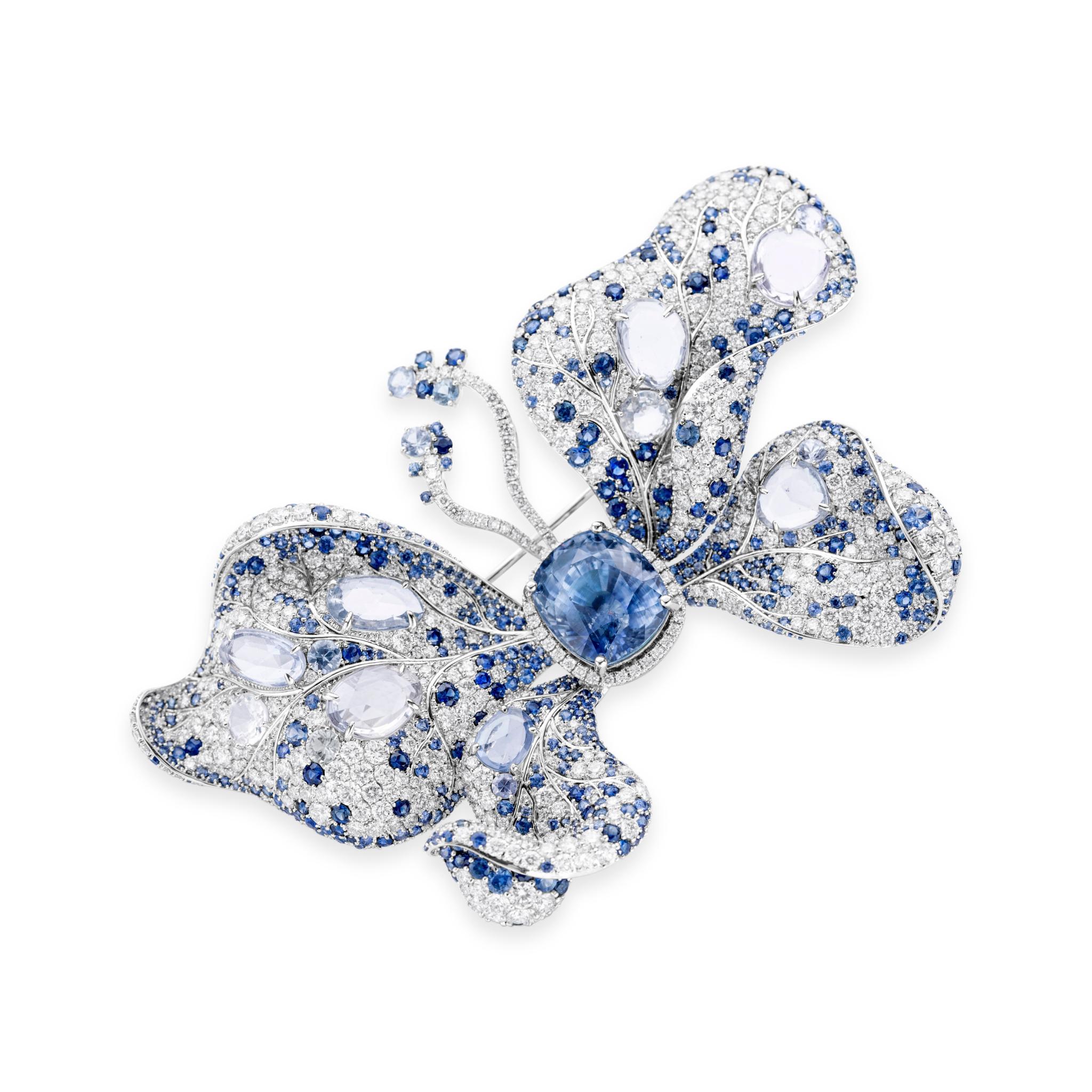 Cushion Cut GIA Certified 12.01 Carat Sapphire and Diamond Butterfly Brooch For Sale