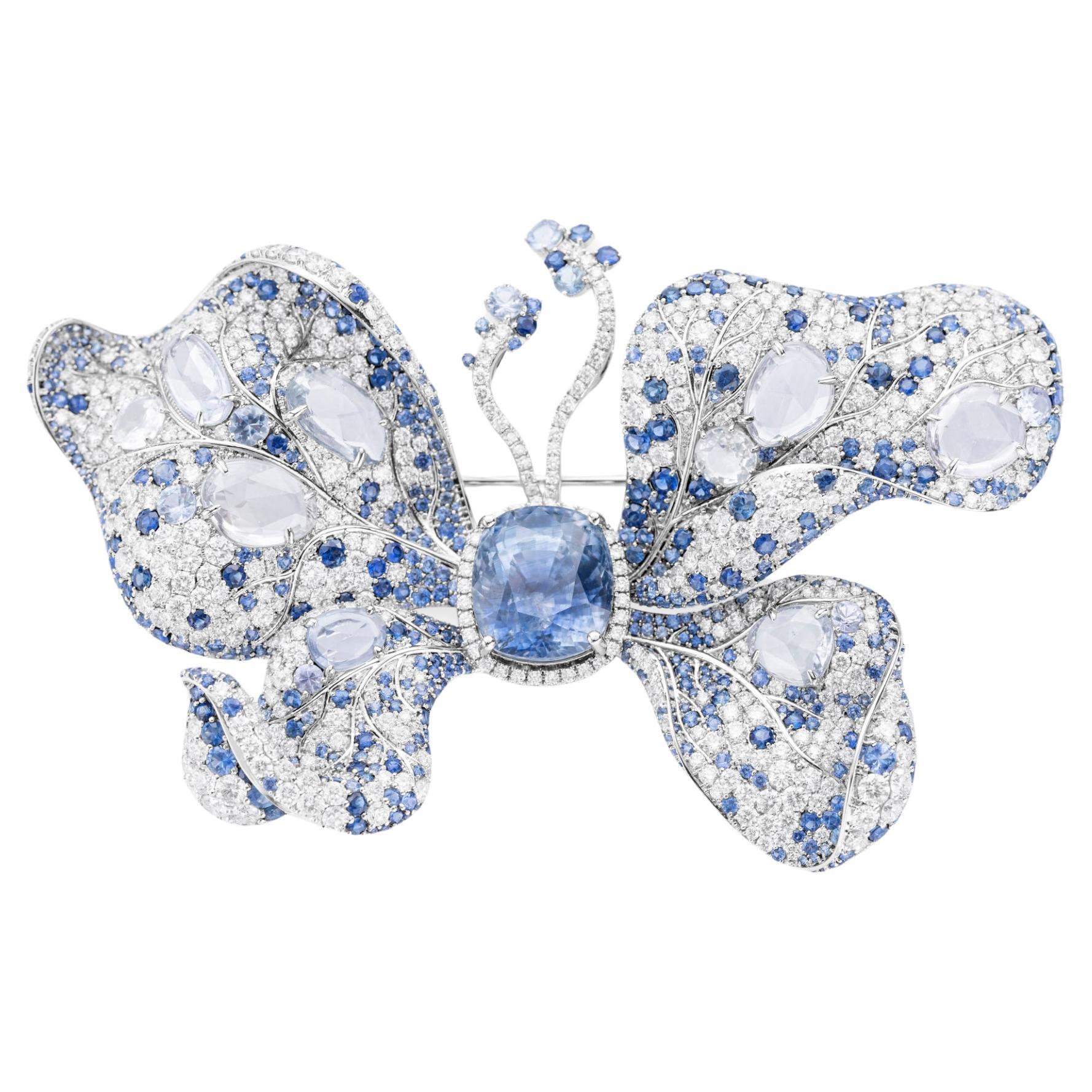 GIA Certified 12.01 Carat Sapphire and Diamond Butterfly Brooch