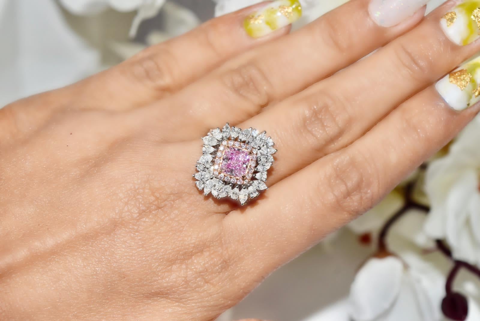 **100% NATURAL FANCY COLOUR DIAMOND JEWELLERY**

✪ Jewellery Details ✪

♦ MAIN STONE DETAILS

➛ Stone Shape: Cushion
➛ Stone Color: Faint Pink
➛ Stone Weight: 1.21 carats
➛ Clarity: SI2
➛ GIA certified

♦ SIDE STONE DETAILS

➛ Side White diamonds -
