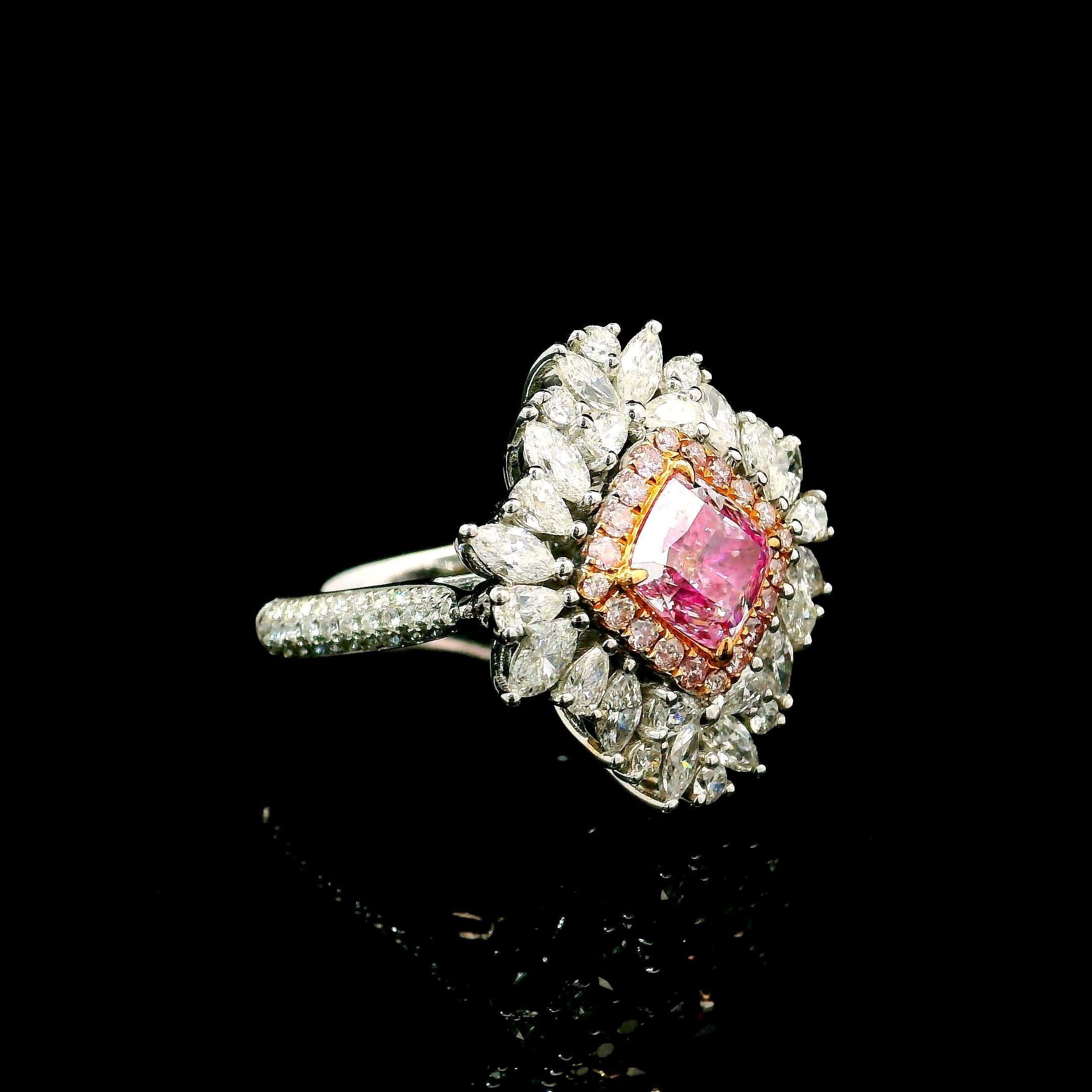 Cushion Cut GIA Certified 1.21 Carat Faint Pink SI2 Clarity Diamond Ring For Sale