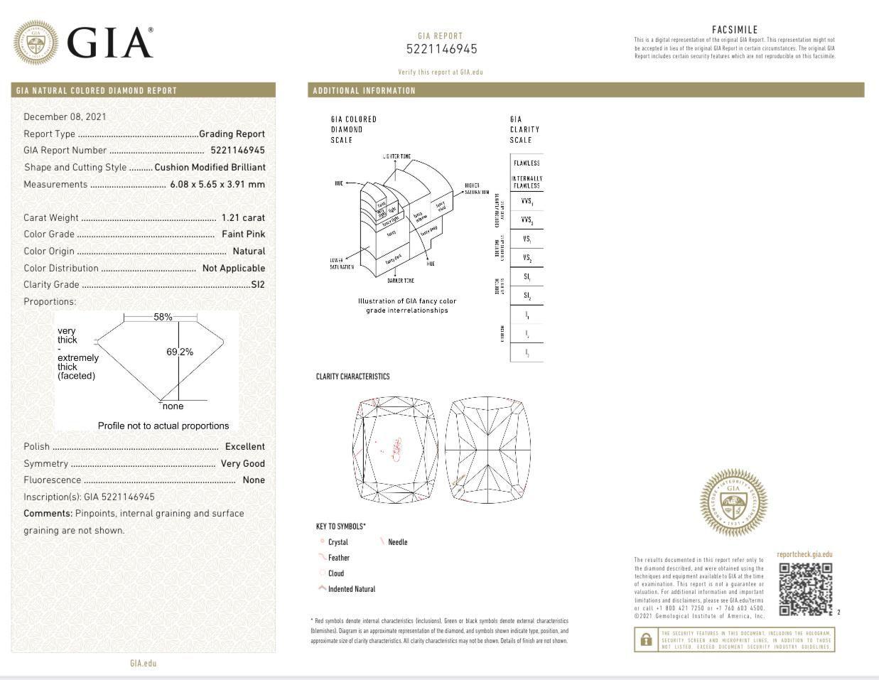 GIA Certified 1.21 Carat Faint Pink SI2 Clarity Diamond Ring For Sale 3