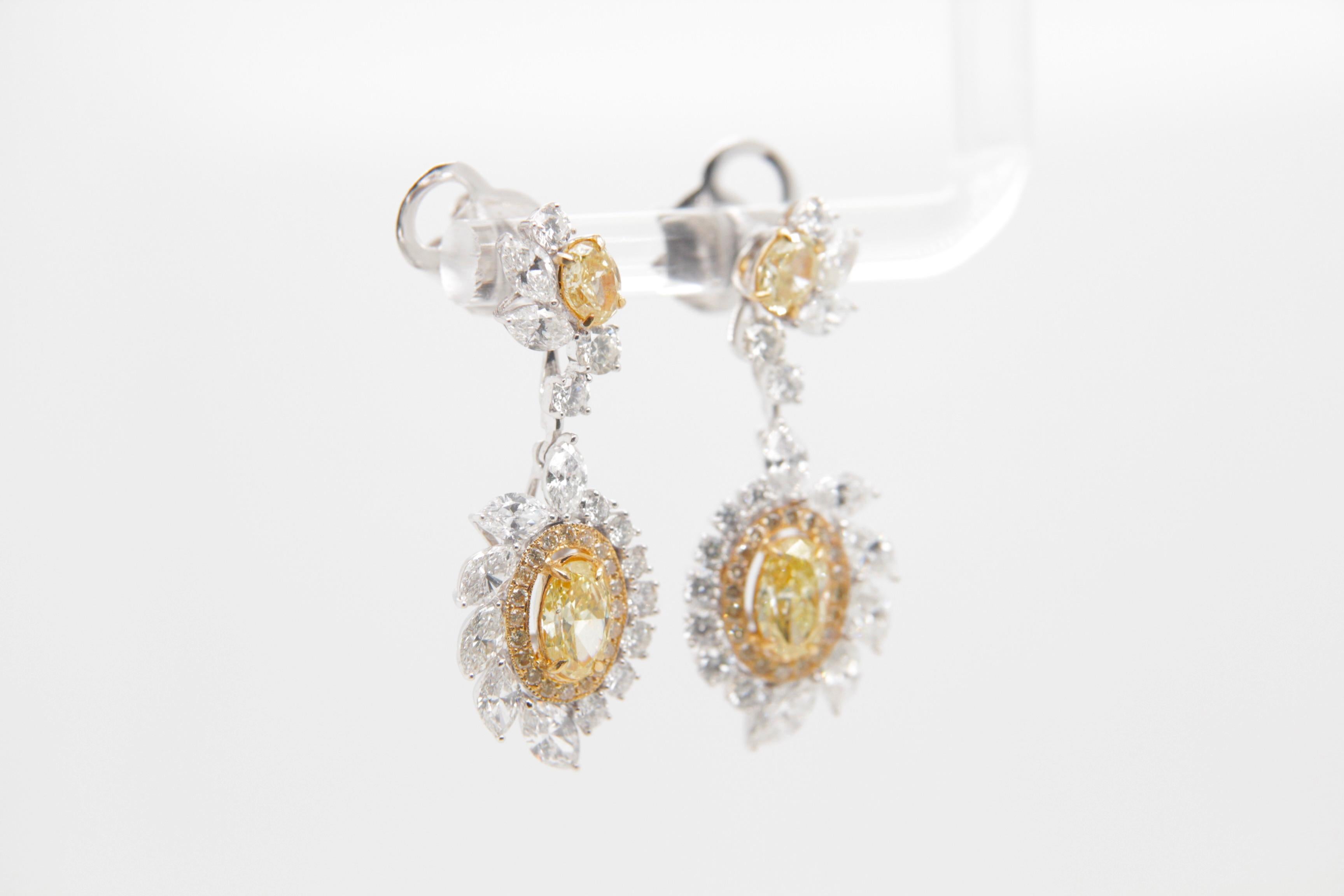 GIA Certified 1.21 Carat Fancy Intense Yellow Diamond & Marquise Floral Earrings In New Condition For Sale In Bangkok, TH