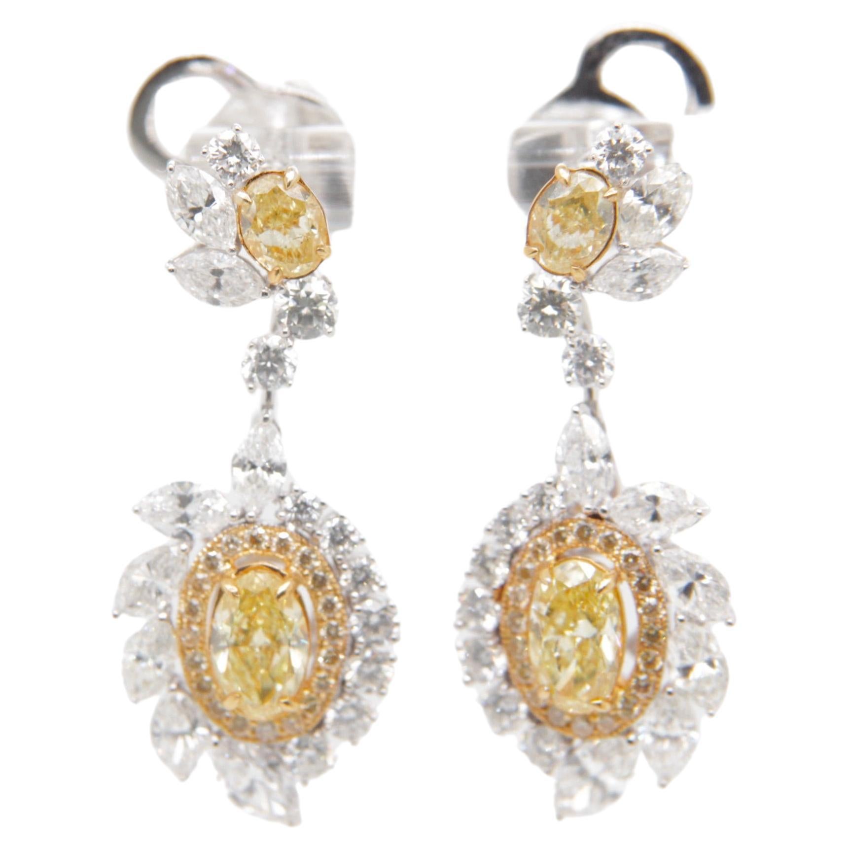 GIA Certified 1.21 Carat Fancy Intense Yellow Diamond & Marquise Floral Earrings For Sale