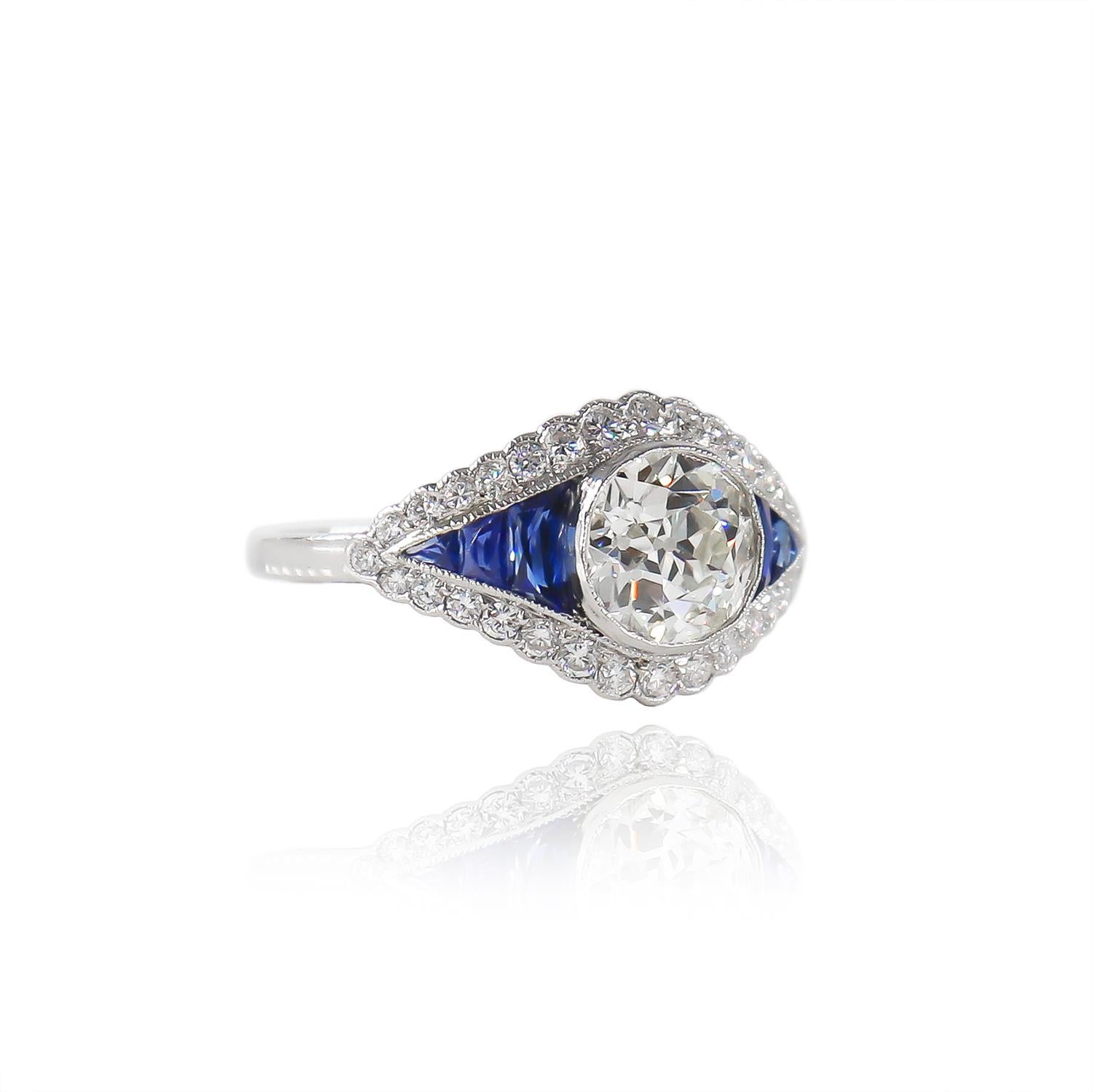 GIA-zertifizierter 1,21 Karat Diamant- und Saphirring mit alteuropäischem Schliff (Art déco) im Angebot