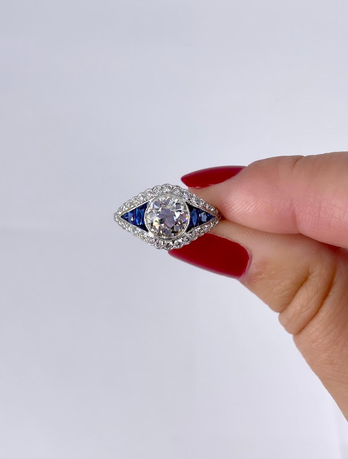 GIA Certified 1.21 Carat Old European Cut Diamond and Sapphire Ring In New Condition For Sale In New York, NY
