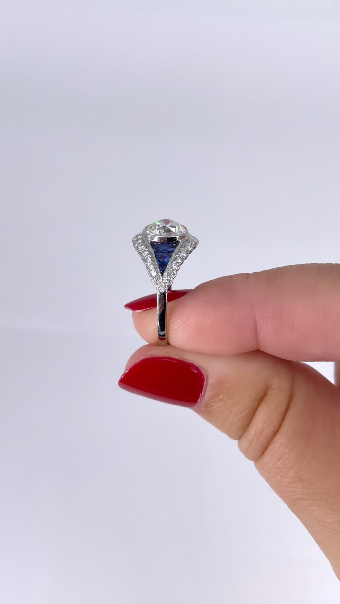 Women's or Men's GIA Certified 1.21 Carat Old European Cut Diamond and Sapphire Ring For Sale