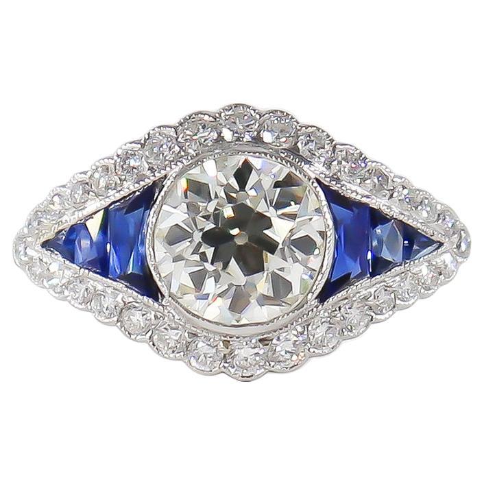 GIA Certified 1.21 Carat Old European Cut Diamond and Sapphire Ring For Sale