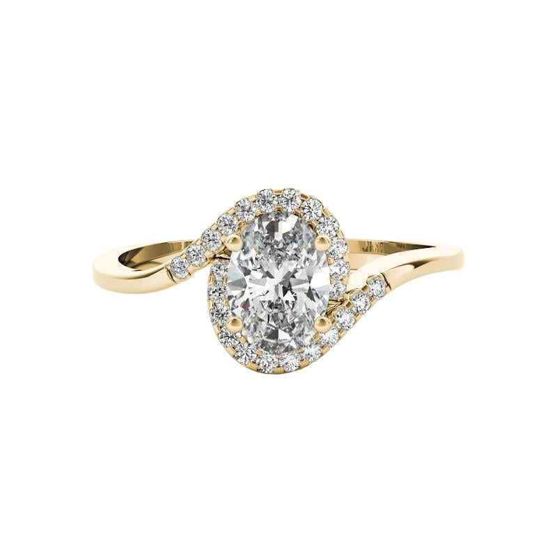 Anello con diamante aureolato ovale con gambo bypass curvo certificato GIA da 1.21 carati