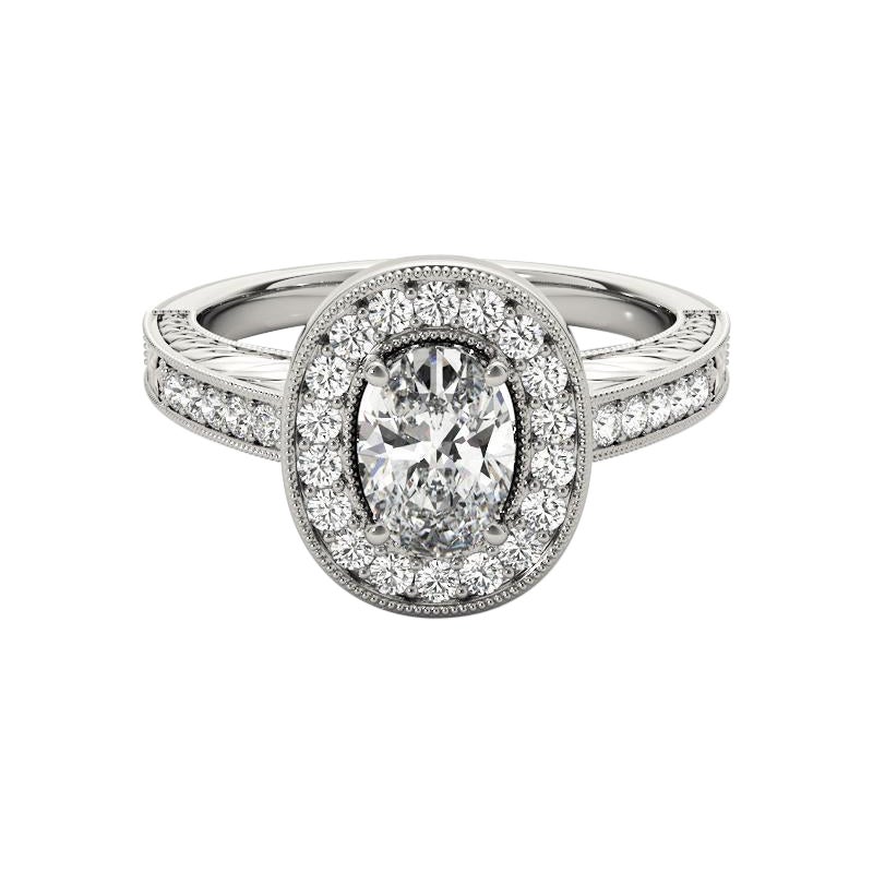 Anello con diamante ovale aureolato inciso e traforato in platino, certificato GIA da 1.21 carati