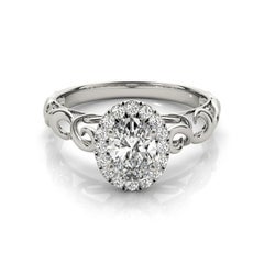 Bague en or blanc certifié GIA de 1,21 carat de diamant ovale Halo Ribbon Cathedral