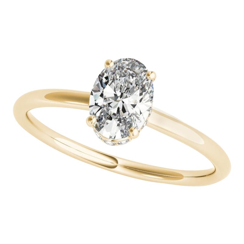 GIA Certified 1.21 Carat Oval Hidden Halo Slim Band Yellow Gold Diamond Ring