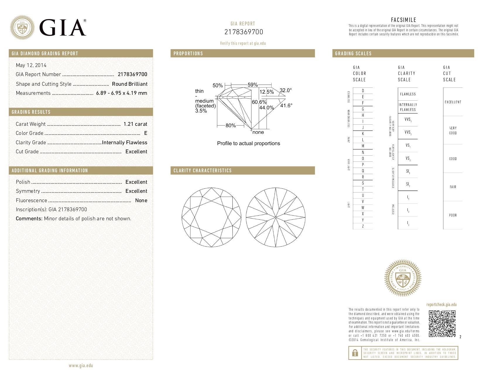 Women's GIA Certified 1.21 Carat Round Brilliant Cut Diamond Ring E Color IF Clarity For Sale