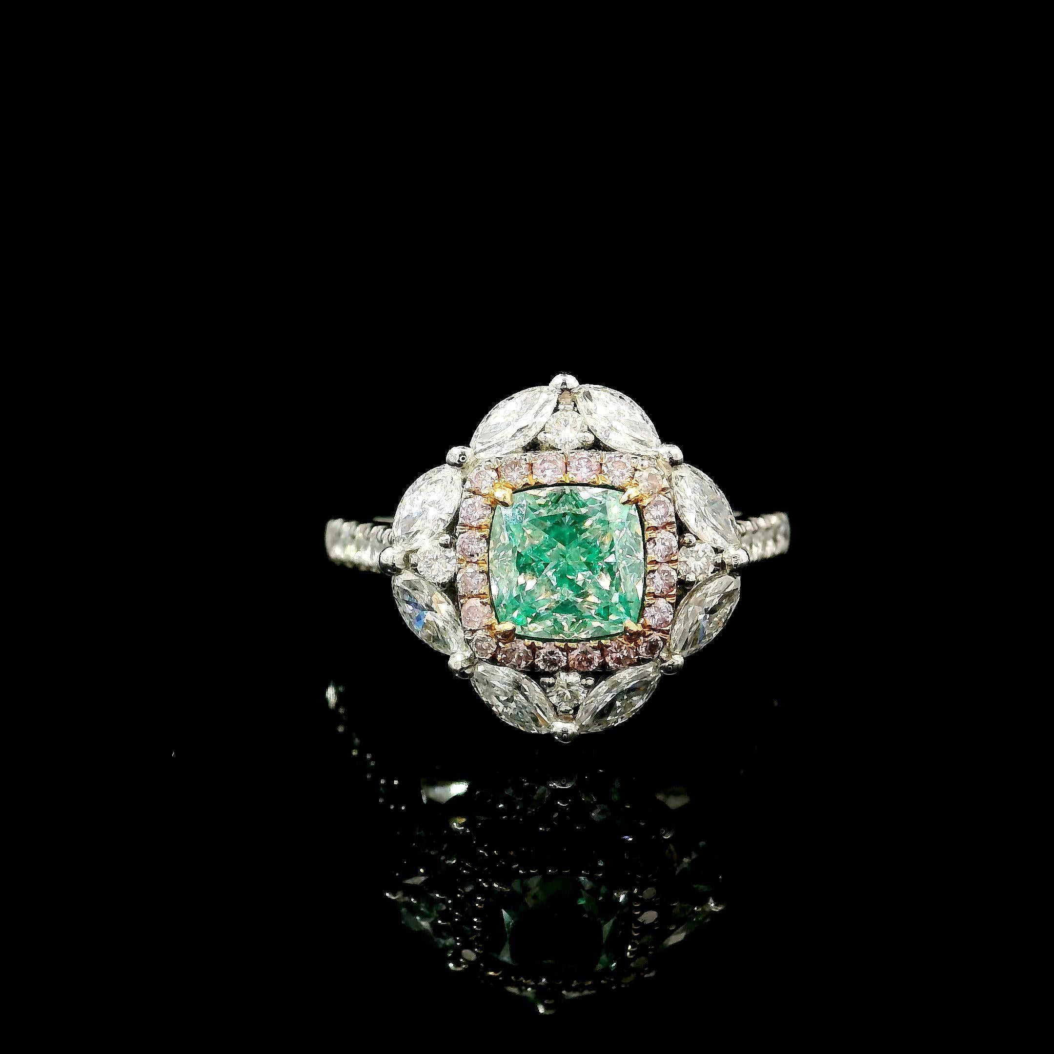18kt white gold ring with diamonds
  
  Gold colour & karat: White gold 18kt
  Weight: 5.55 grams
  
  Set with-
  Stone type: Diamonds
  Shape: Cushion
  Carat: 1.21
  Colour: Very Light Green
  Clarity: VS2

  Surrounding Stones: Diamonds
 1)