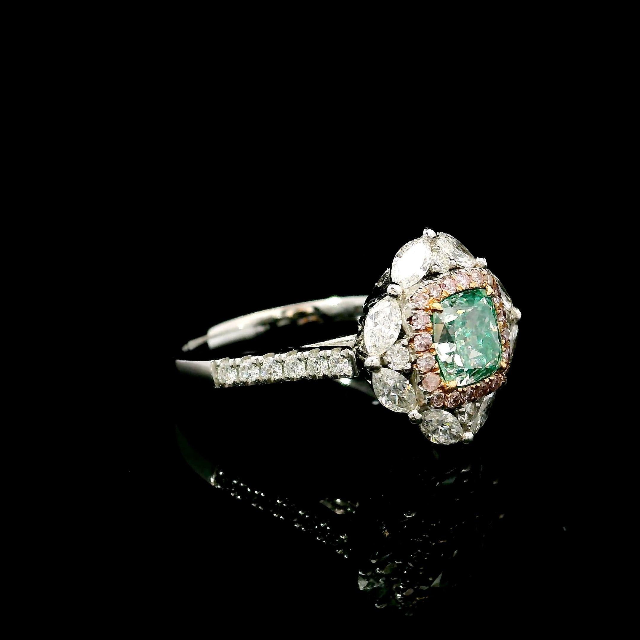 Cushion Cut GIA Certified 1.21 Carat Very Light Green VS2 Clarity Diamond Ring For Sale