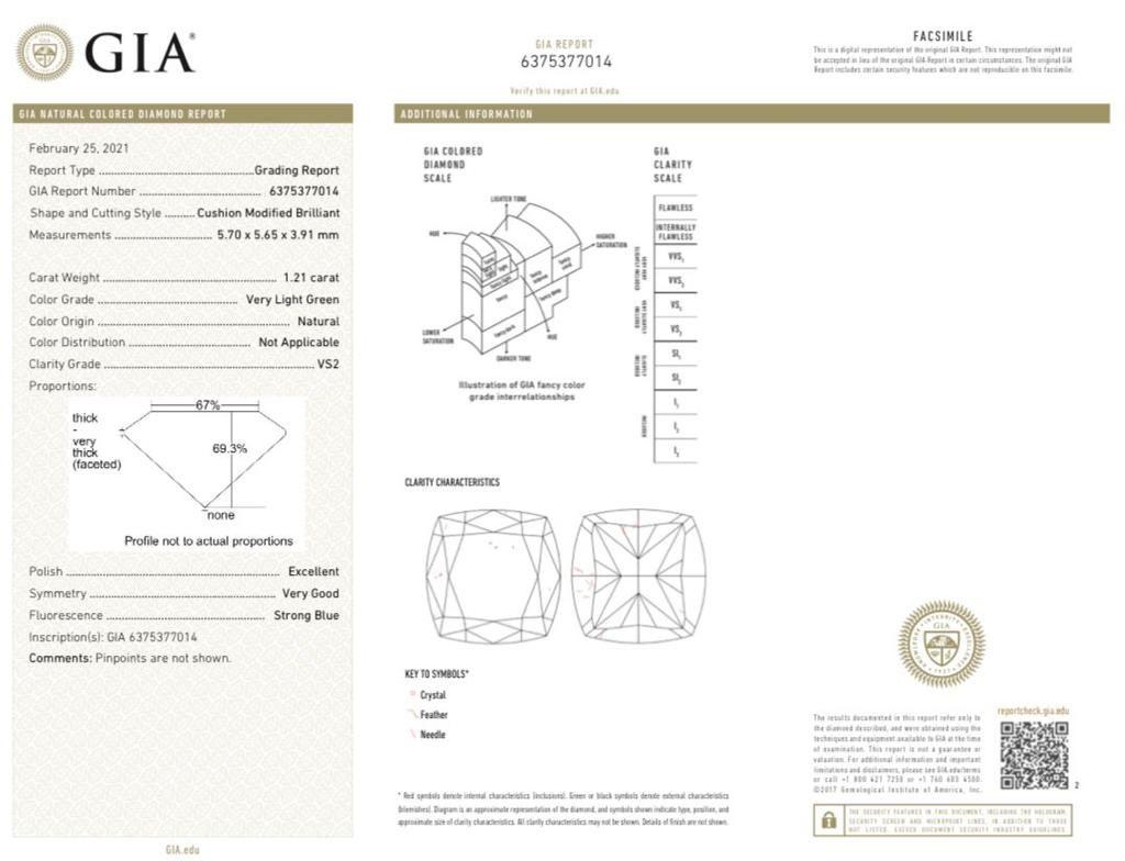 GIA Certified 1.21 Carat Very Light Green VS2 Clarity Diamond Ring For Sale 3