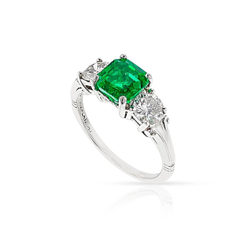 GIA Certified 1.21 ct. Octagonal Step-Cut Colombian Emerald Ring with Diamonds For Sale 1