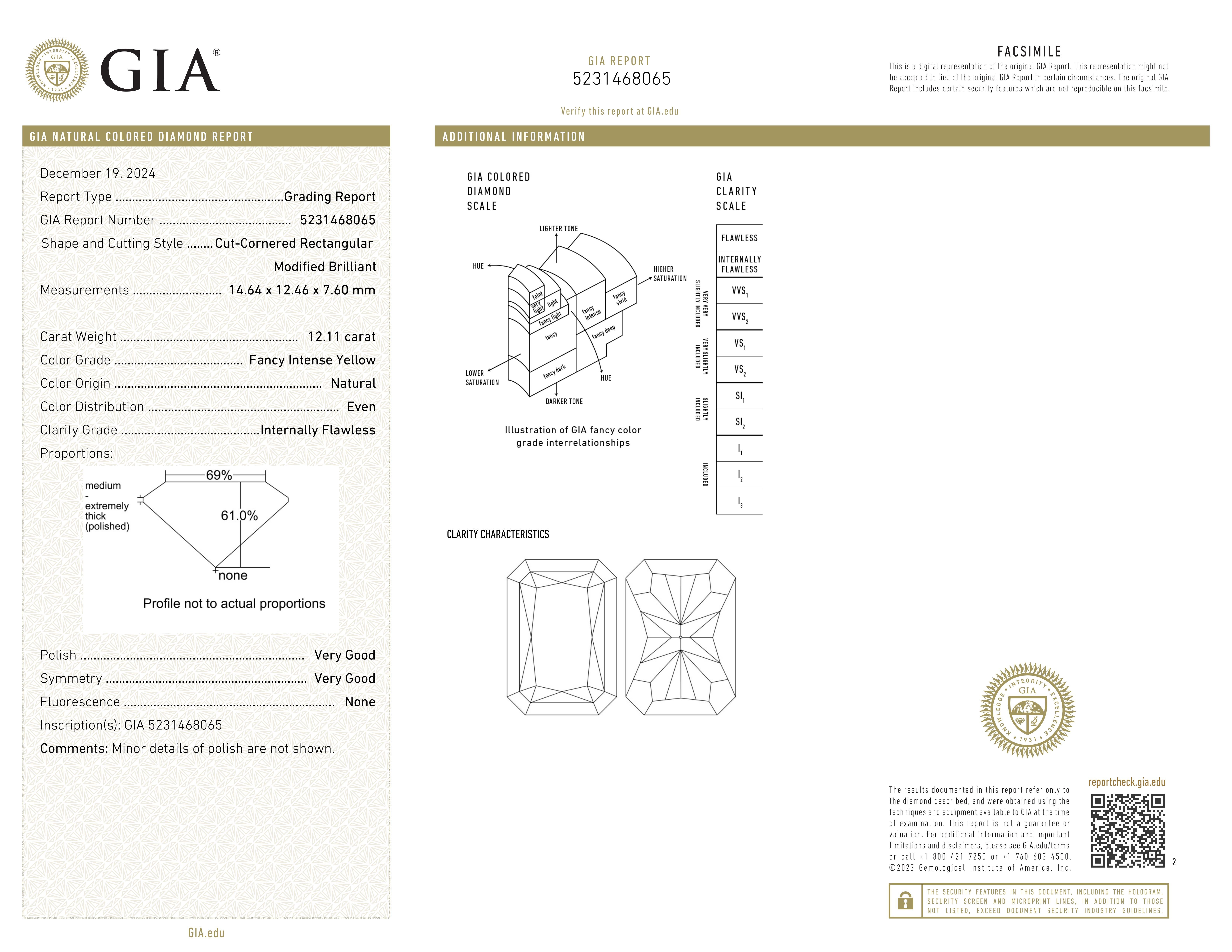 Taglio radiant Diamante giallo intenso di fantasia certificato GIA da 12,11 carati in platino e 18 carati in vendita