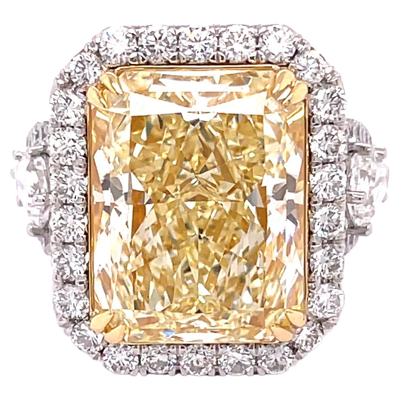 GIA Certified 12.12 Carat Fancy Light Yellow Radiant Cut Engagement Ring  For Sale
