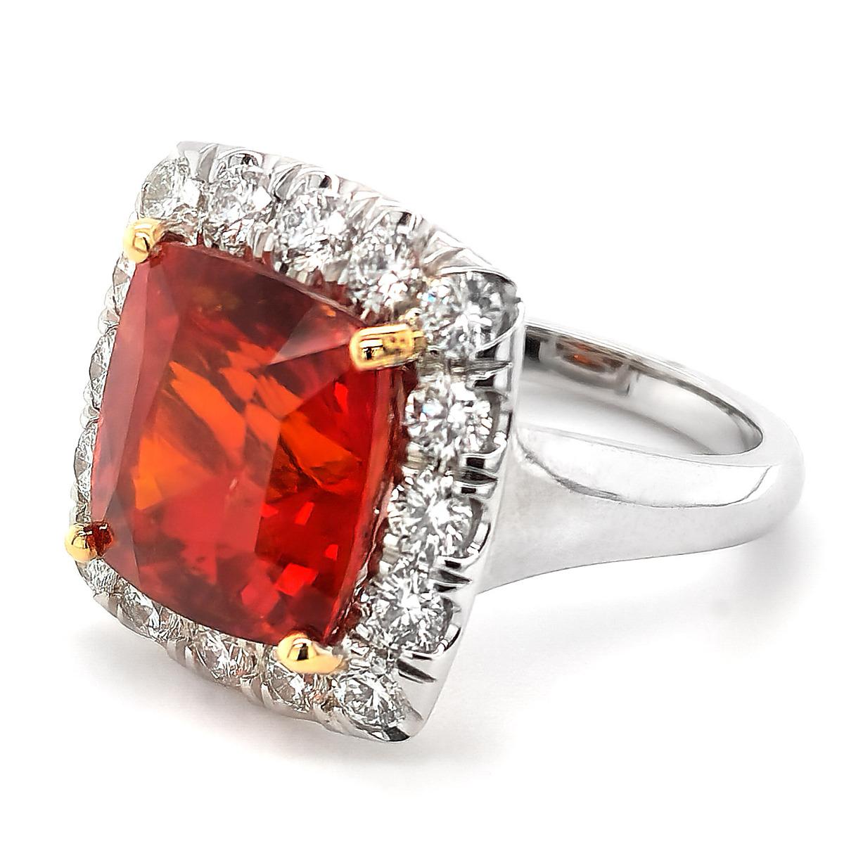 Contemporary Natural Red-Orange Sapphire 12.12 carats set in 18K Two Tone Gold Ring w GIA For Sale