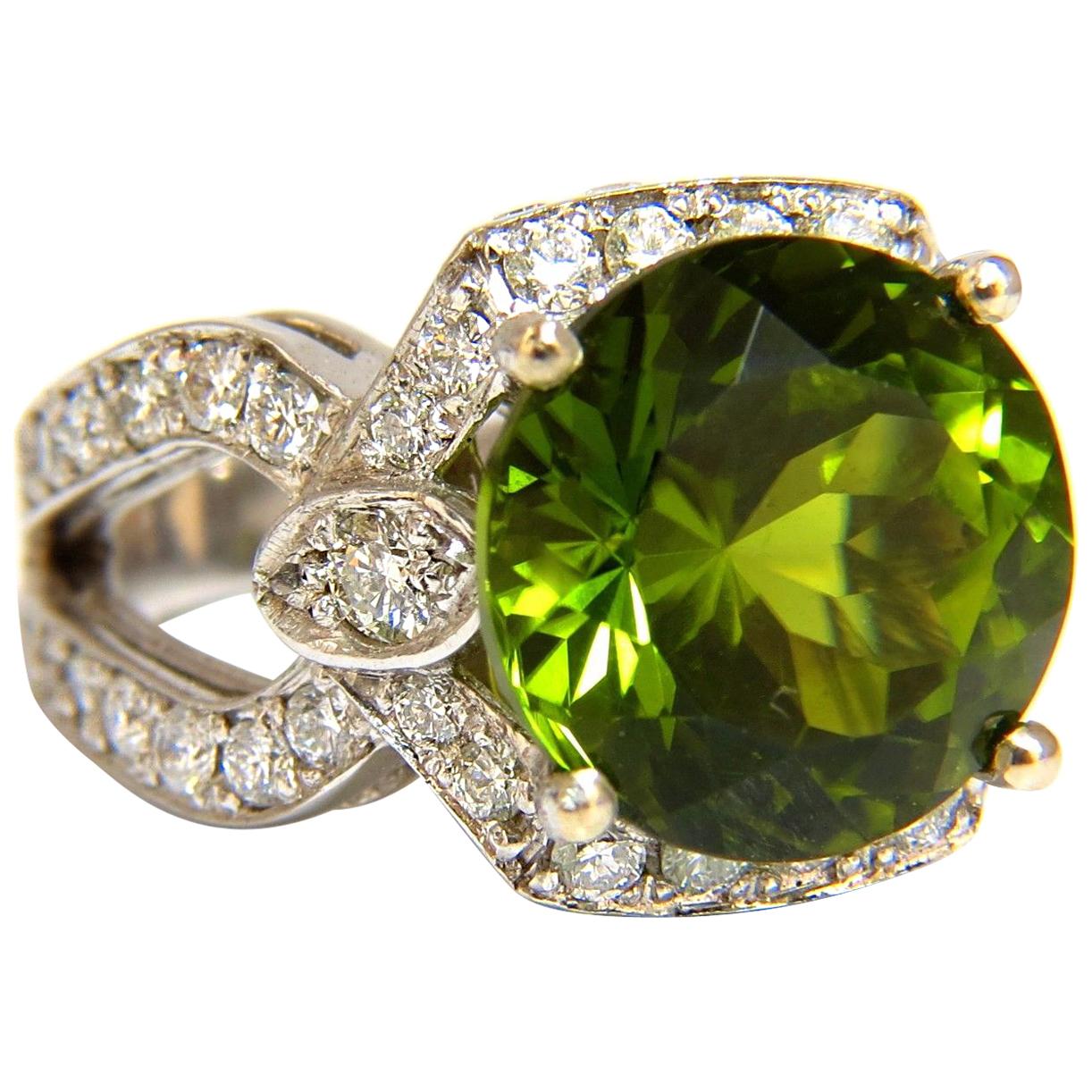 GIA Certified 12.15 Carat Natural Green Peridot Diamond Ring 14 Karat