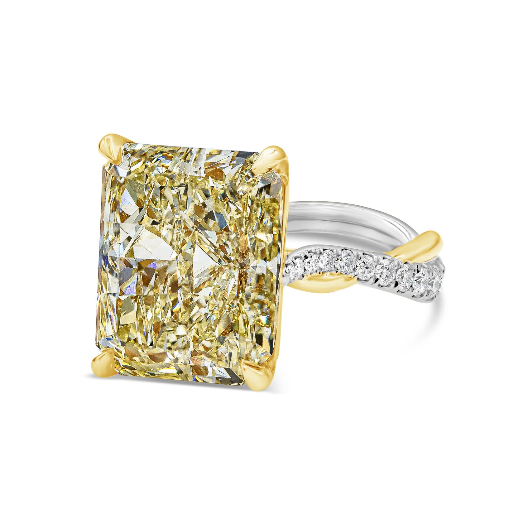 A stylish engagement ring style showcasing a 12.16 carat radiant cut yellow diamond certified by GIA as Fancy Light Yellow, VS1 clarity. The vibrant center diamond is set in a chic intertwined yellow gold and platinum bands accented with diamonds.