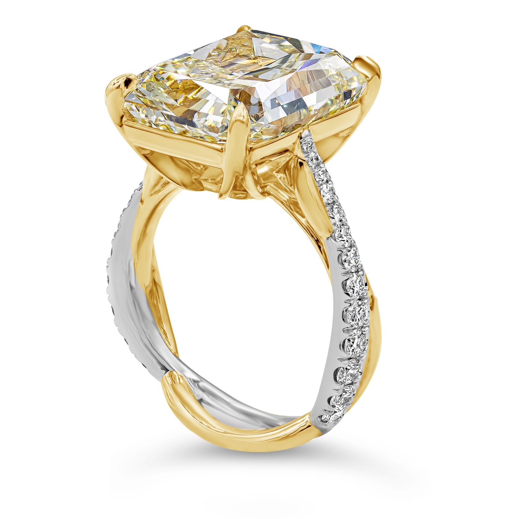 Verlobungsring mit GIA-zertifiziertem 12,16 Karat gelbem, gedrehtem Diamant (Radiantschliff) im Angebot