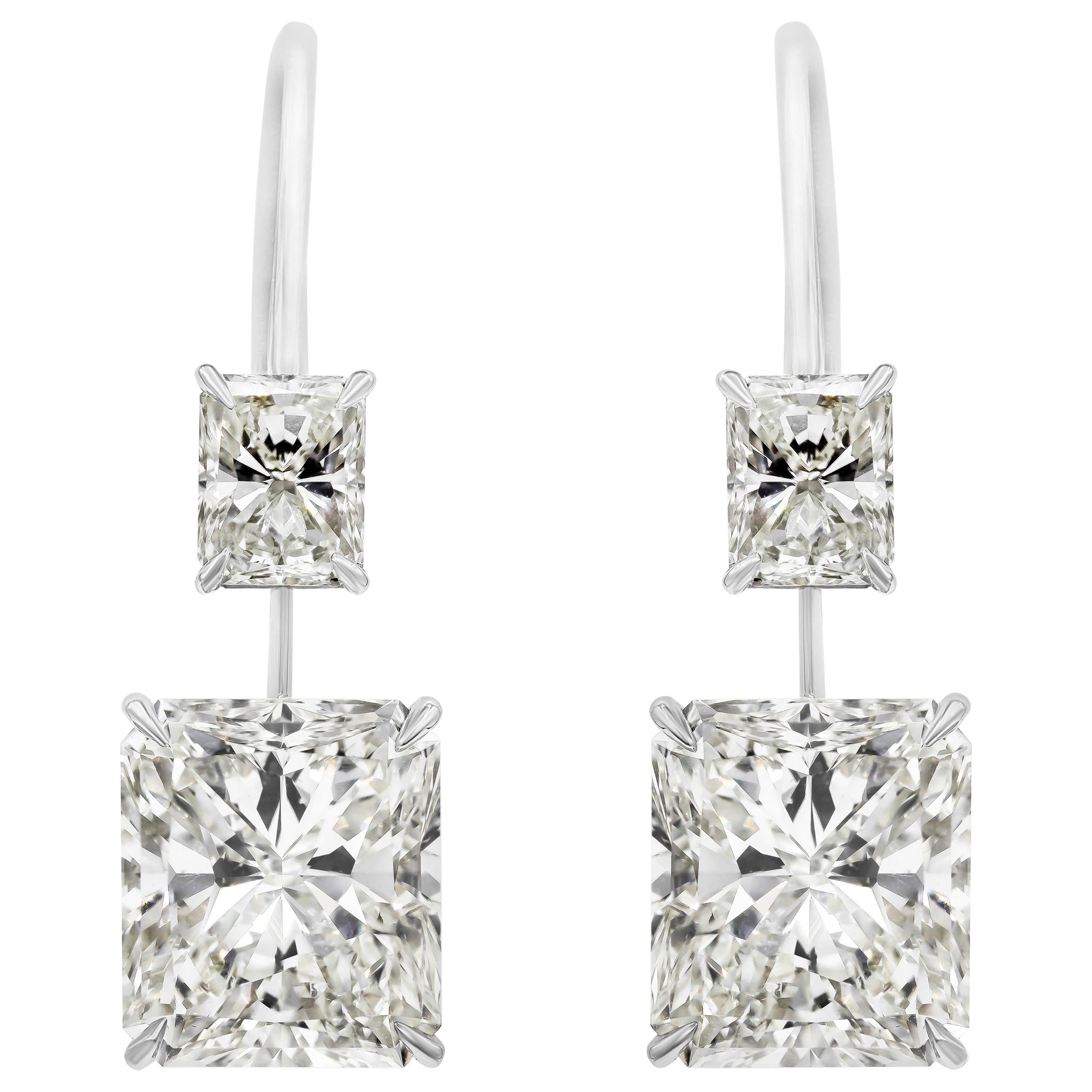 Boucles d'oreilles pendantes en platine certifiées GIA 12,16 carats de diamant radiant total