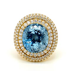 GIA Certified 12.17 Carat Aquamarine Round Diamond Yellow Gold Ring