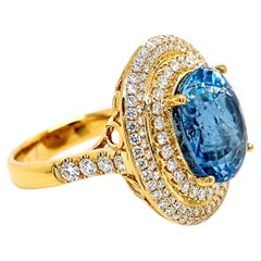 GIA Certified 12.17 Carat Aquamarine Round Diamond Yellow Gold Ring