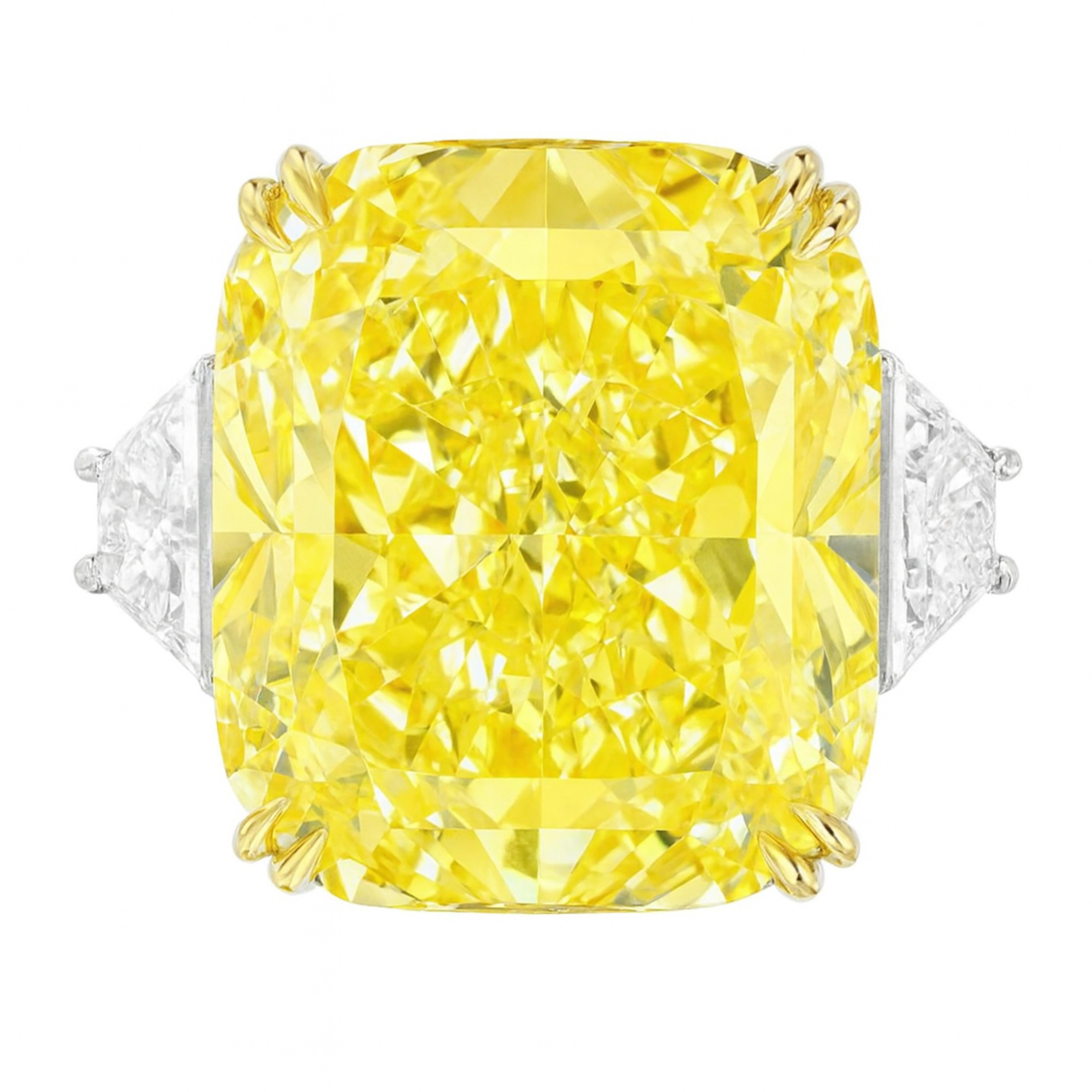 Contemporary GIA Certified 12.17 Carat Fancy Yellow Cushion Cut Diamond Platinum Ring For Sale