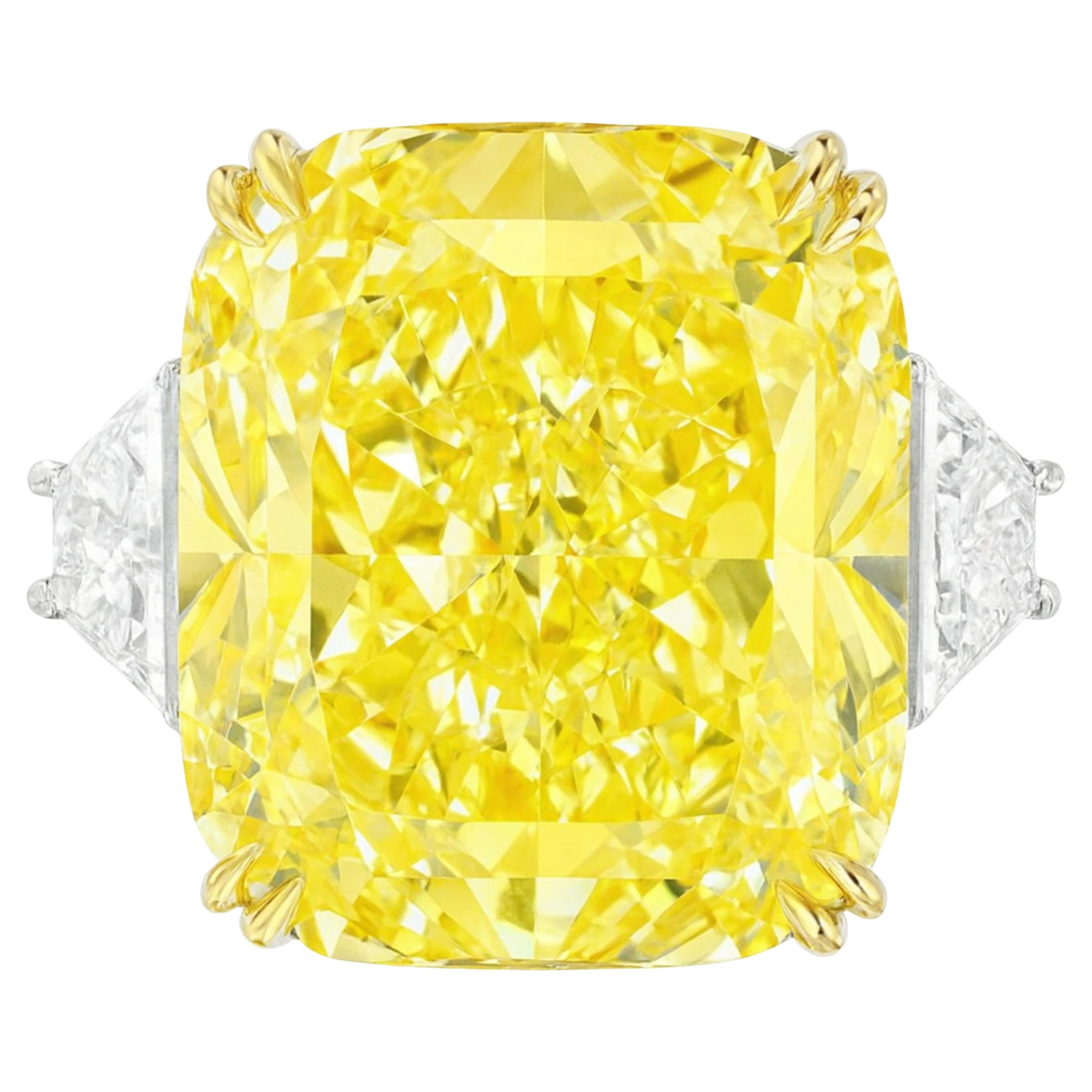 GIA Certified 12.17 Carat Fancy Yellow Cushion Cut Diamond Platinum Ring For Sale