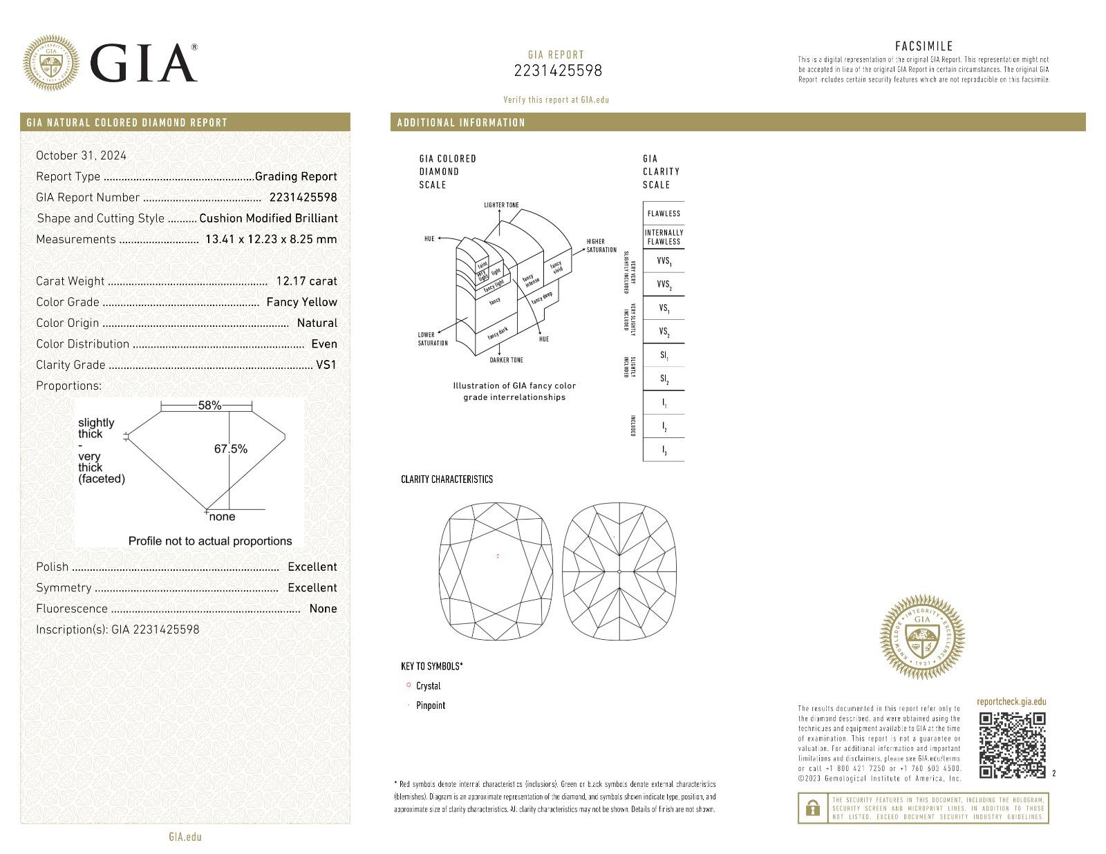 Anello con diamante a cuscino VS1 giallo fantasia certificato GIA da 12,17 carati
Un diamante mozzafiato da 12,17 carati certificato GIA Fancy Yellow, che vanta un'eccezionale purezza VS1 e una distribuzione del colore Even perfettamente bilanciata.