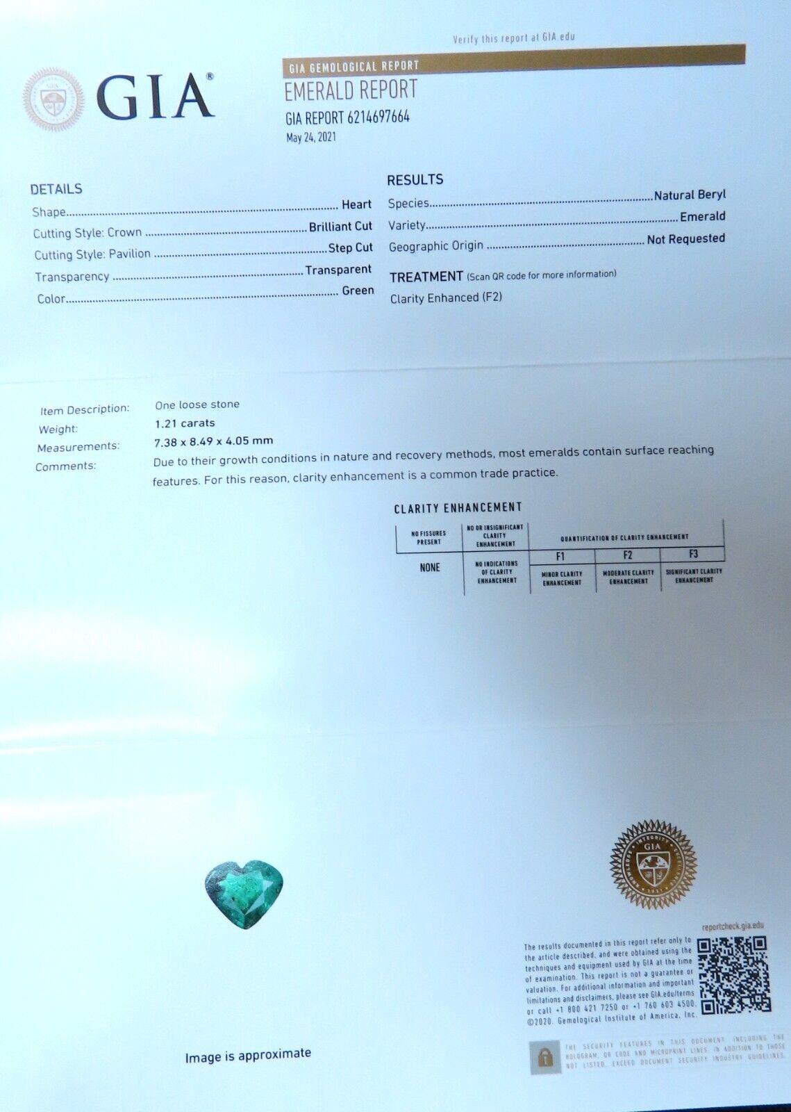 GIA Certified 1.21ct natural green emerald diamonds ring 18kt Heart Love For Sale 2