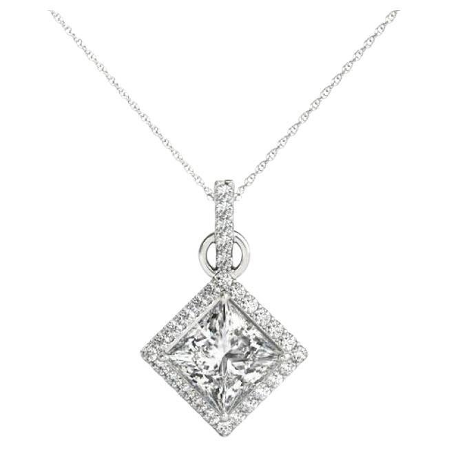 GIA Certified 1.21ct Princess Diamond Kite Halo White Gold Pendant Necklace