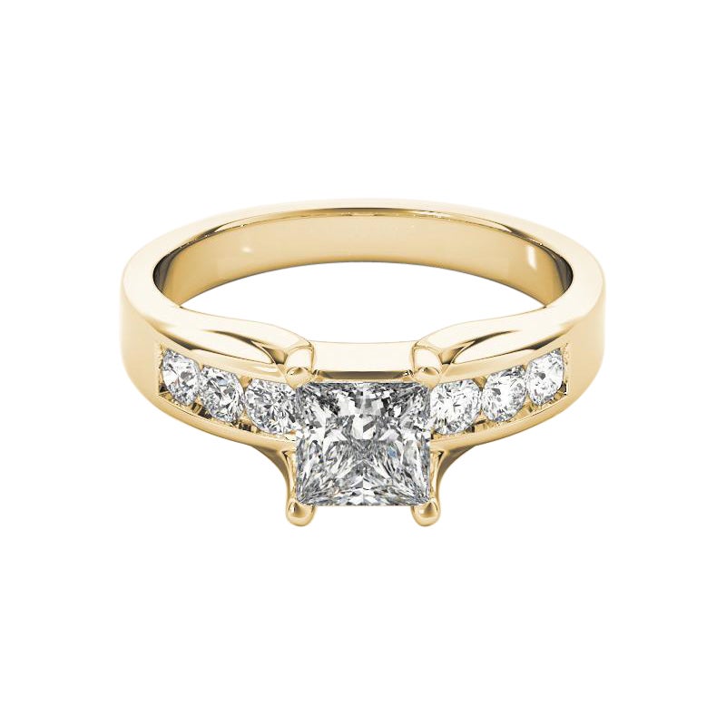 Anillo de diamantes de canal y solitario princesa de 1.21 ct certificado por GIA