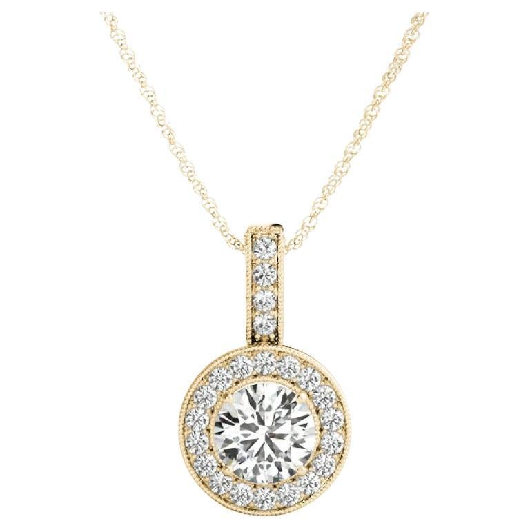 GIA Certified 1.21ct Round Diamond Double Halo Yellow Gold Pendant Necklace