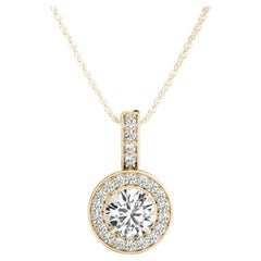 GIA Certified 1.21ct Round Diamond Double Halo Yellow Gold Pendant Necklace