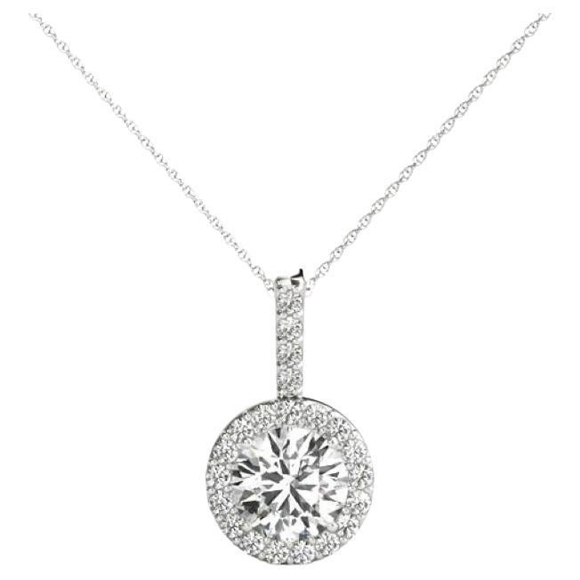 GIA Certified 1.21ct Round Diamond Milgrain Bezel Halo Pendant Necklace For Sale