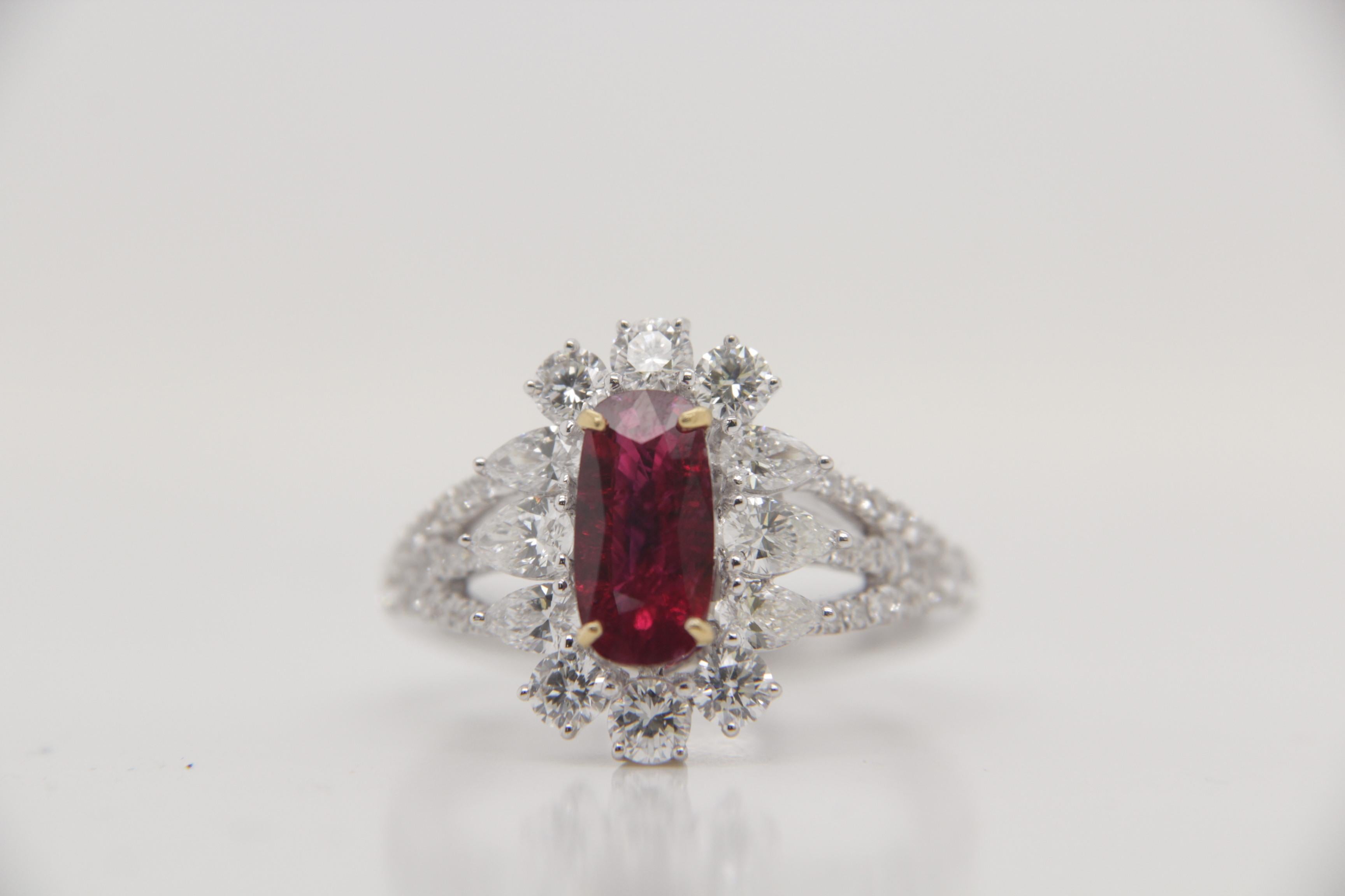 A brand new handcrafted ruby ring by Rewa Jewels. The ring's center stone is 1.22 carat Burmese ruby certified by Gemological Institute of America (GIA) as natural, unheated, 'Pigeon blood' with the certificate number: 2457185265. The centre ruby