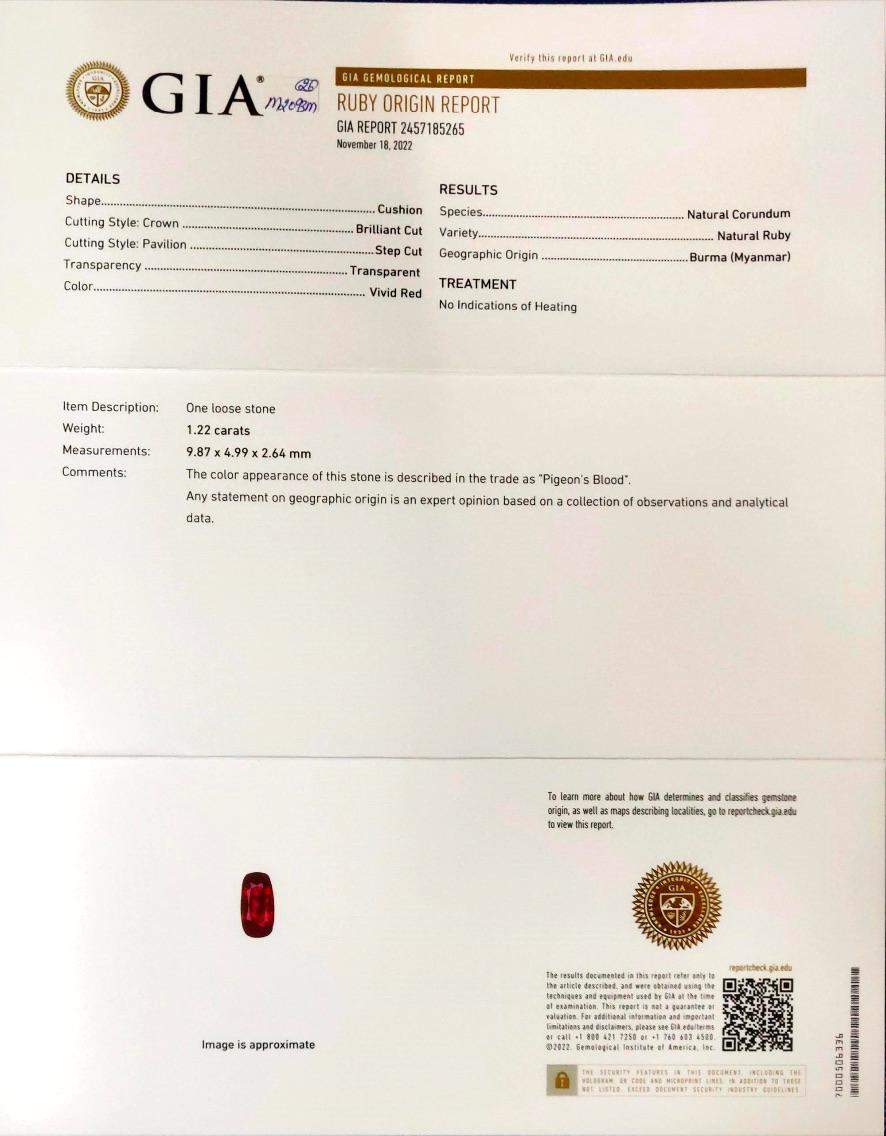 GIA-zertifizierter 1,22 Karat burmesischer Rubin unbehandelter Taubenblutring aus 18k Gold im Angebot 1