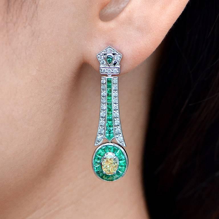 GIA Certified 1.22 Carat Natural Fancy Yellow Diamond Emerald Drop Earring 3