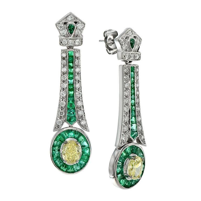 GIA Certified 1.22 Carat Natural Fancy Yellow Diamond Emerald Drop Earring