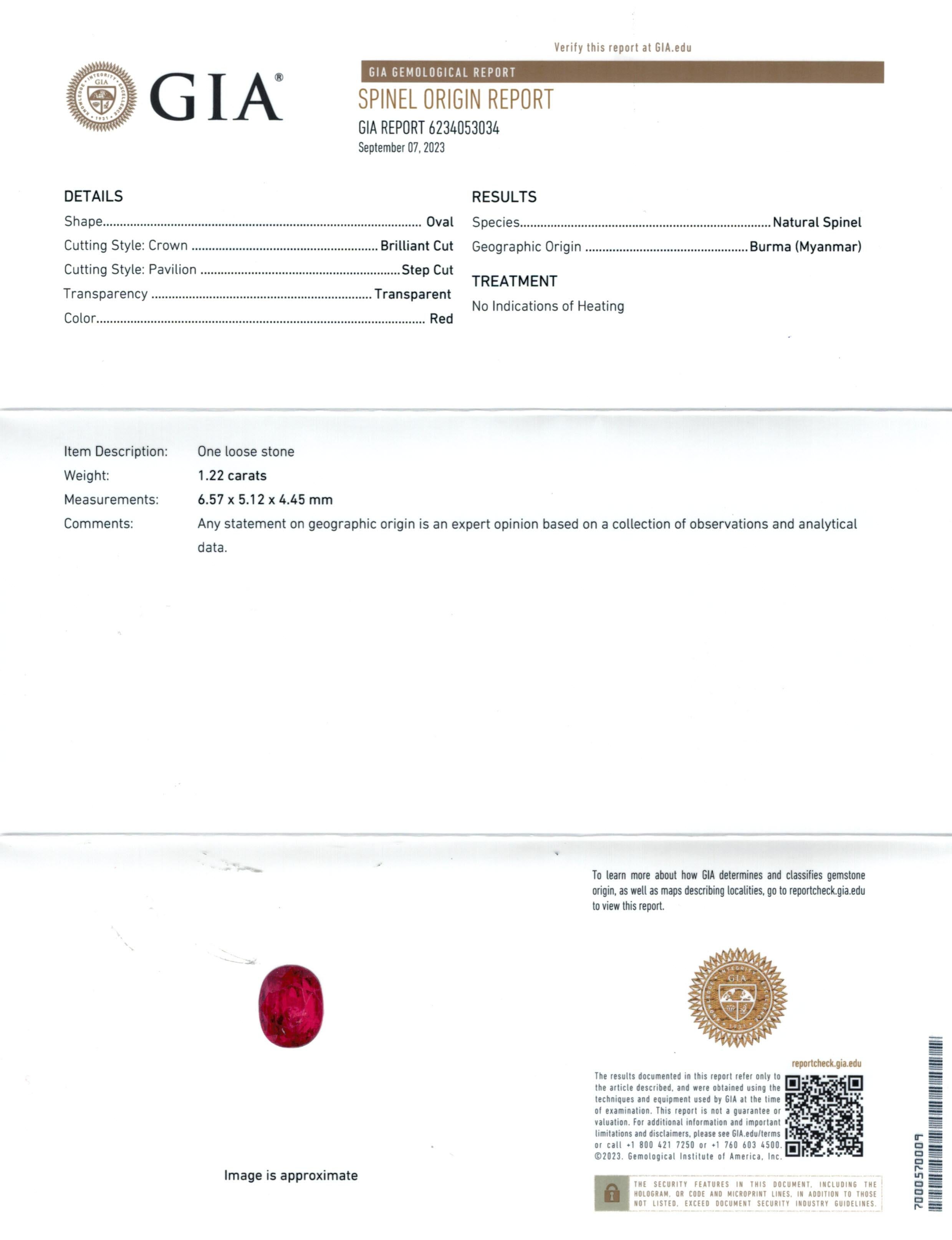 Explorez le monde des pierres précieuses fines avec le Spinelle rouge de Birmanie naturel non chauffé de 1,22 carats, authentifié par le GIA. Cette captivante gemme ovale, mesurant 6,57 x 5,12 x 4,45 mm, présente une clarté et un éclat remarquables