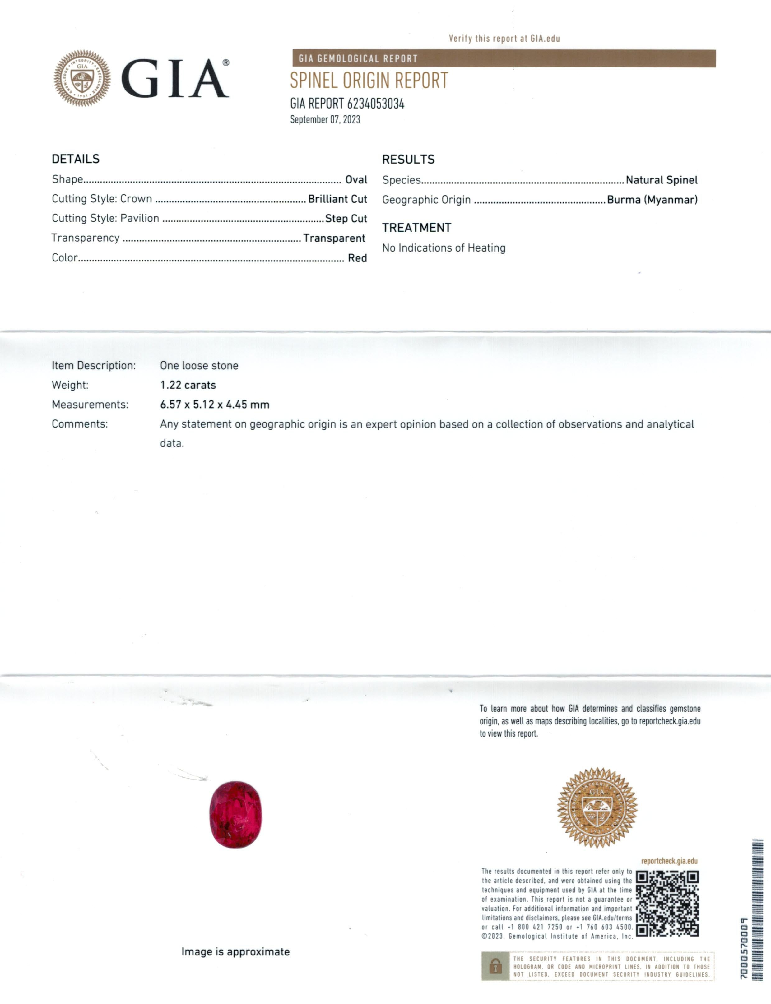 Entdecken Sie die Welt der Edelsteine mit dem natürlichen, unerhitzten burmesischen Rotspinell von 1,22 Karat, der vom GIA beglaubigt wurde. Dieser fesselnde ovale Edelstein mit den Maßen 6,57 x 5,12 x 4,45 mm besticht durch seine bemerkenswerte
