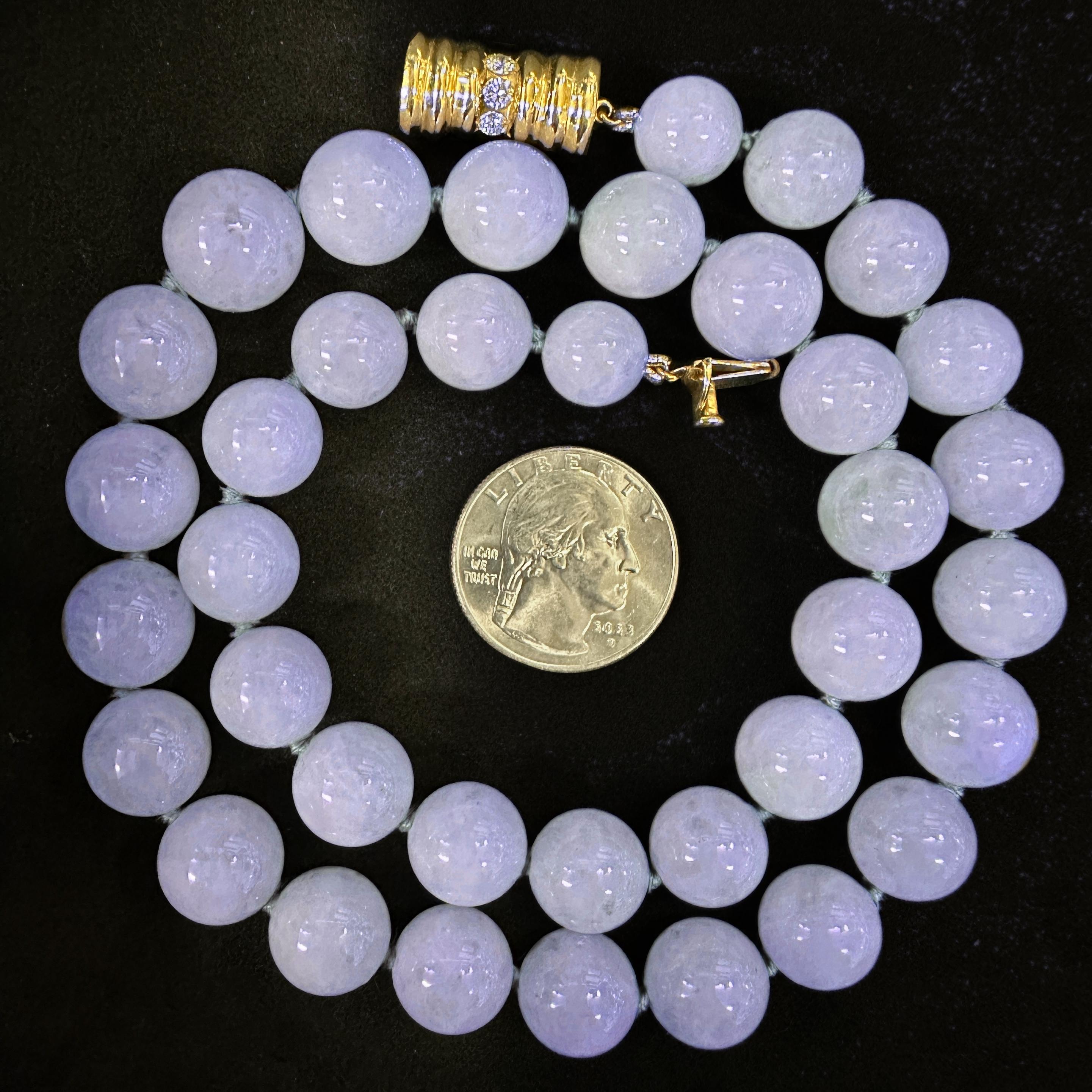 GIA Certified 122 Gram Lavender Jade Bead Necklace with Gold & Diamond Clasp For Sale 5