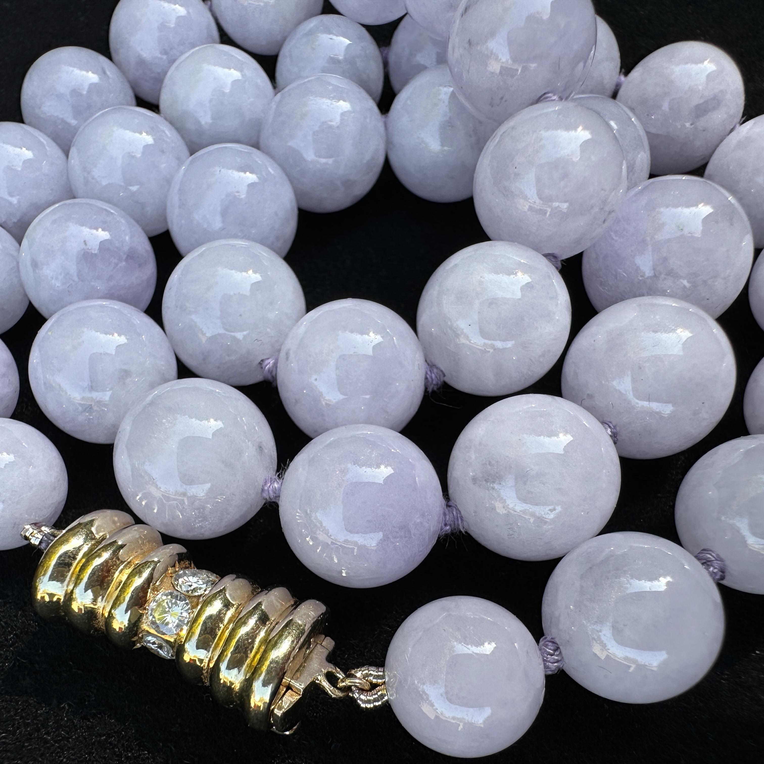 Women's GIA Certified 122 Gram Lavender Jade Bead Necklace with Gold & Diamond Clasp For Sale