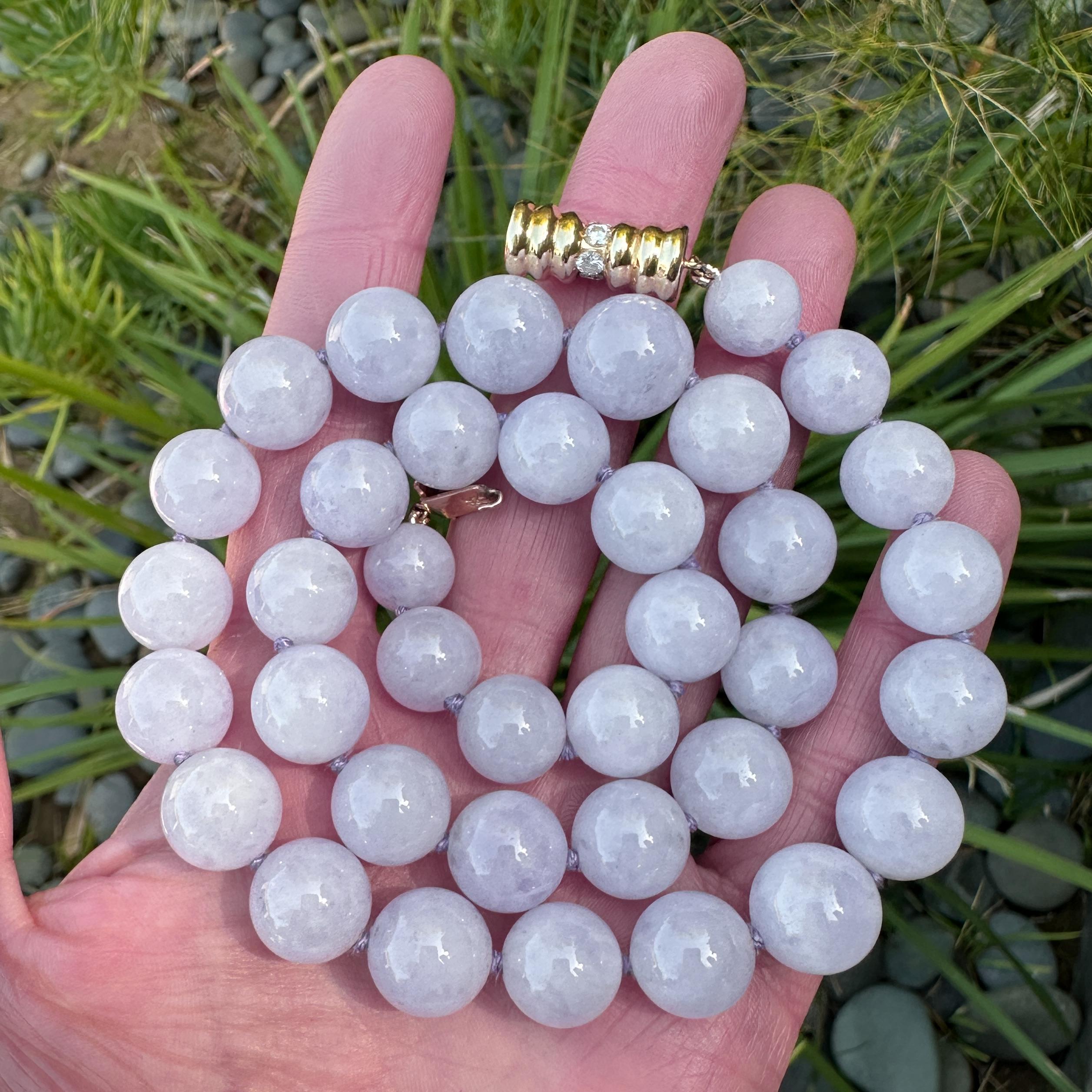GIA Certified 122 Gram Lavender Jade Bead Necklace with Gold & Diamond Clasp For Sale 3